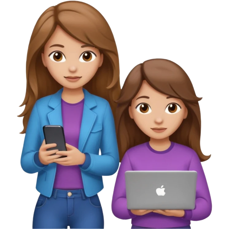 two brown haired girls, looking professional maybe leaned back on back and looking forward and using phones, with longer hair and with some cute clothes without ties, blowout hair, one girl can hold lap top athoer one can hold the phone emoji