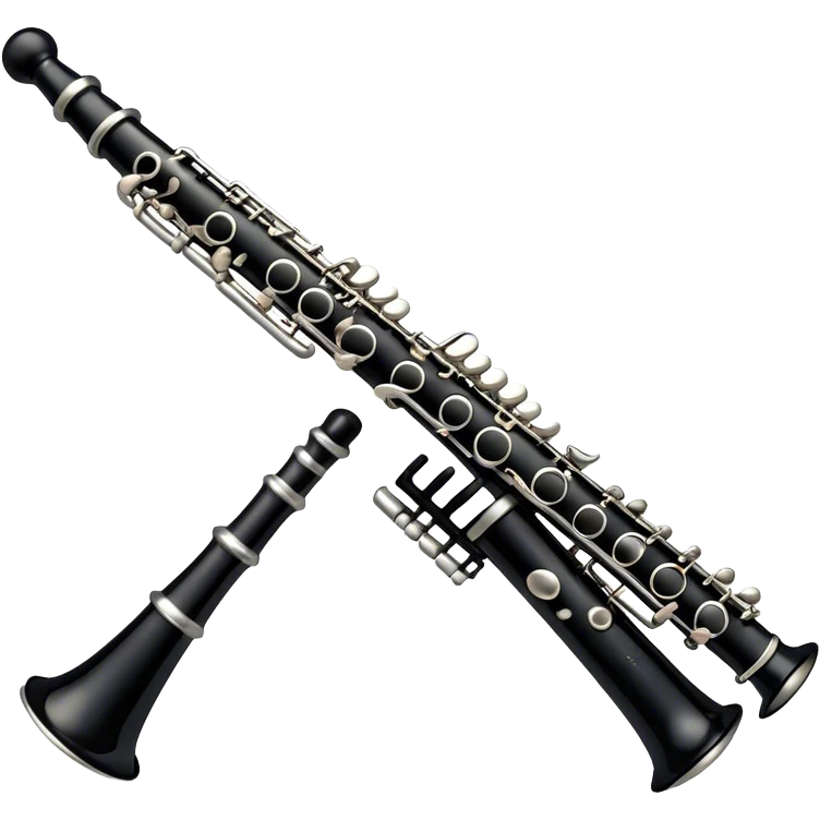 Create an emoji, representing a black standard clarinet. The design should feature a smooth, glossy black body of the clarinet with shiny, silver keys clearly visible. Highlight the intricate details of the mouthpiece and reed at the top, while the body of the instrument should remain simple and elegant. Add subtle musical notes or soundwaves floating around the instrument to symbolize its clear, melodic sound. Use black for the body, silver for the keys, and soft lighting effects to give the instrument a polished, sophisticated look. The background should be transparent. emoji