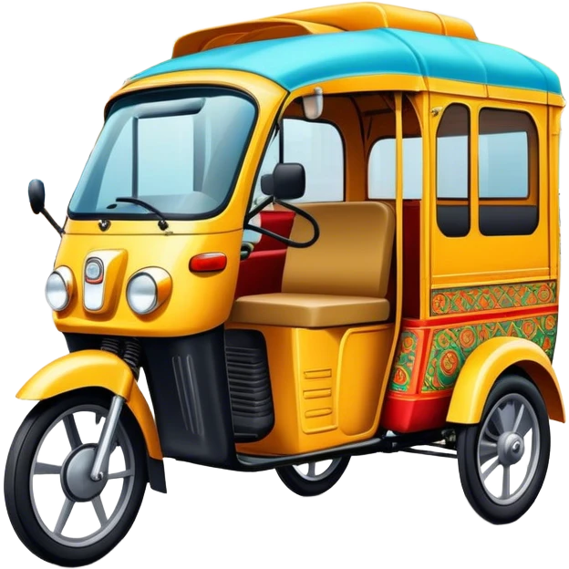 Cinematic Realistic image of a colorful auto rickshaw, rendered with detailed textures and lively, bold hues, set on a bustling urban street with dynamic, vibrant lighting that emphasizes its iconic role emoji
