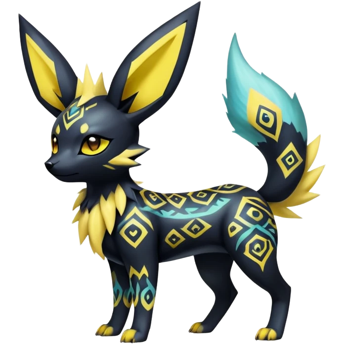 Shiny Exotic Badass Colorful Ethereal Royal Mysterious Gothic Umbreon-Jolteon-Pokémon-Fakémon-hybrid-creature (full body) with pattern-markings emoji