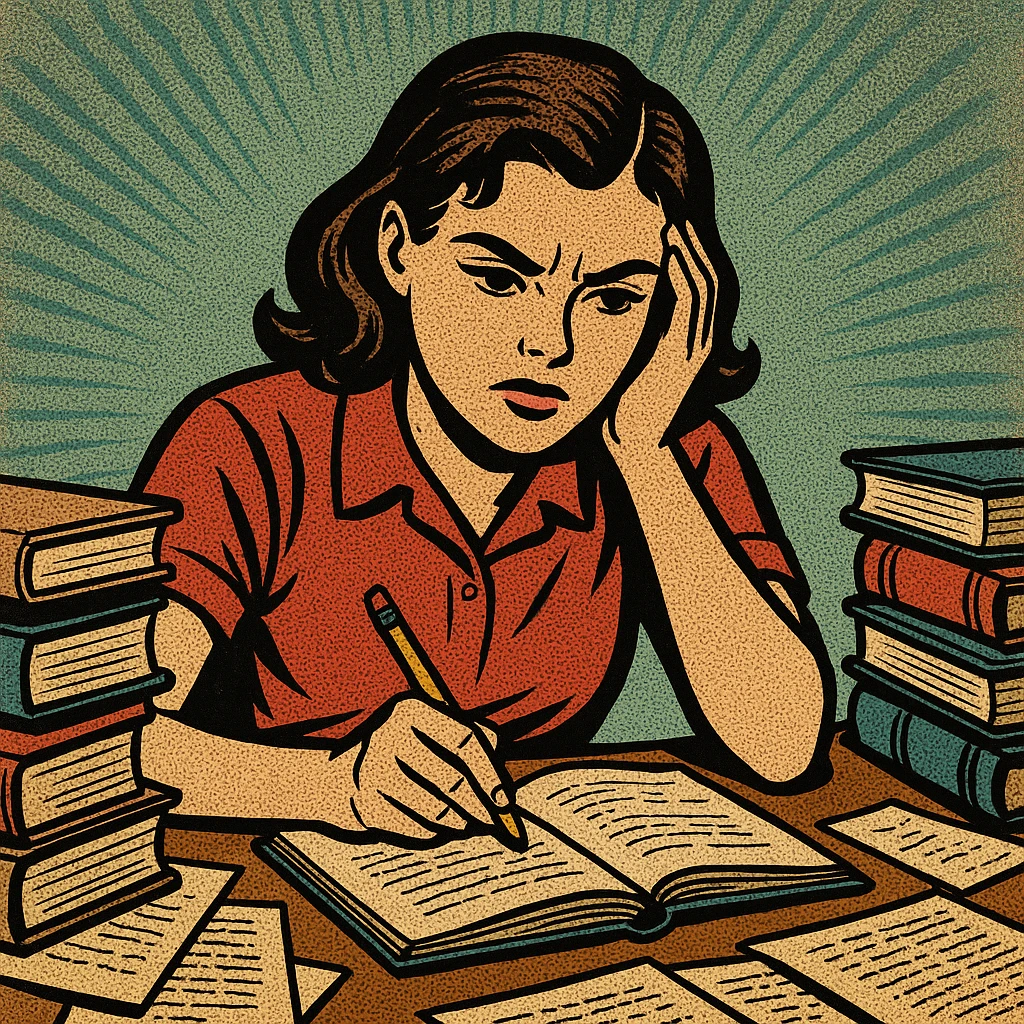 A girl preparing for exams, sitting at a desk with books and notes, looking focused and determined, in a vintage comic book style. emoji