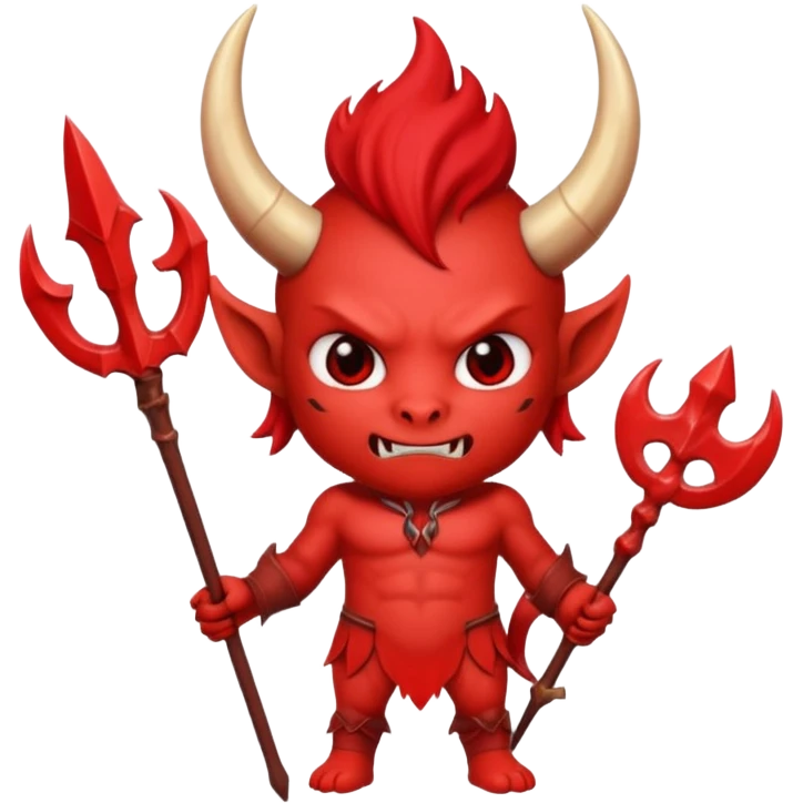 a Red devil, short horn Chibi red demon hold a trident emoji