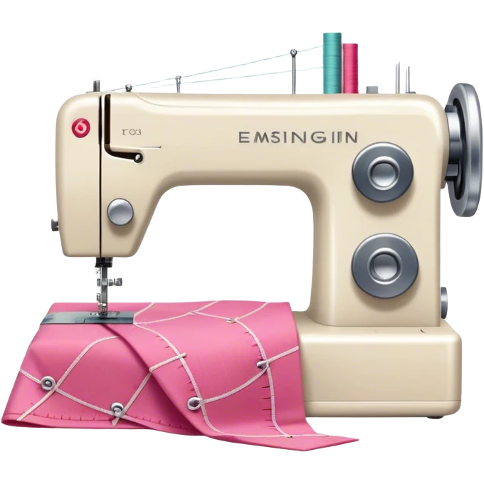 Sewing icon, measuring tape, pins, scissors, and a dress in progress, sewing machine with thread, visible needle, spools of thread, fabric pieces cut according to patterns, minimalistic style, clean lines, transparent background. emoji