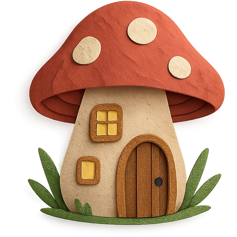 mushroom-shaped house with glowing lights, forest fairy tale vibe, paper-craft style emoji