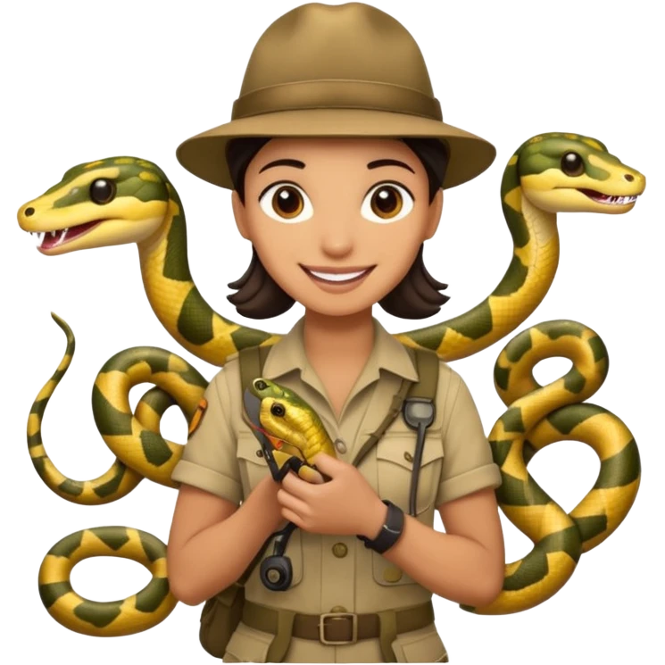 Depict different emotions of a photographer with snakes and other exotic animals emoji