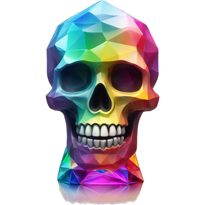 symbolic skull sculpture symbolizing chromatic light with a geometric, faceted design. The bottle is standing upright with angular and baroque features. The vibrant rainbow of colors highlights the sharp edges and planes.  emoji