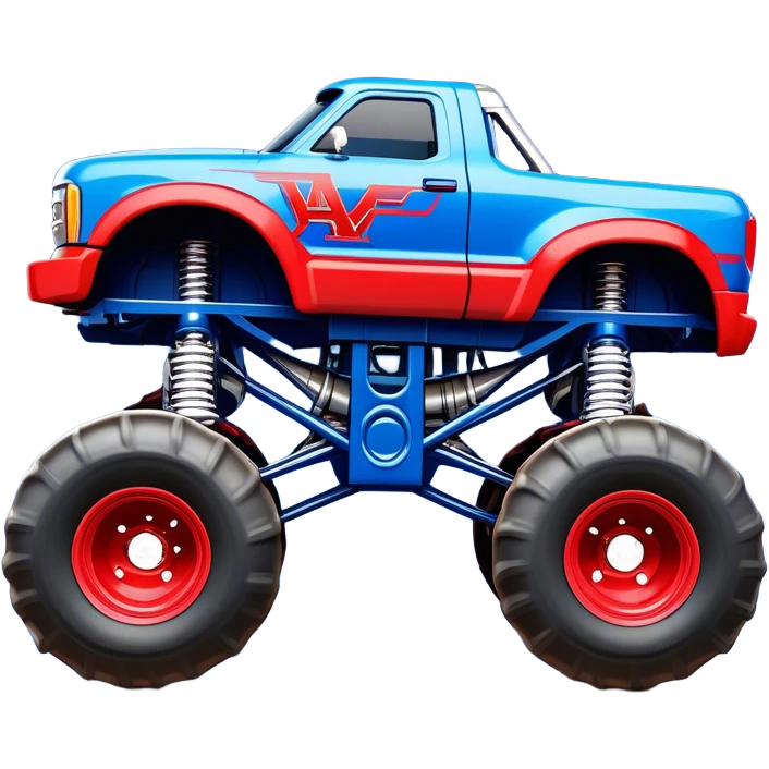 Avenger - Monster Jam (Model Year: 2021) (Iconic colour: Blue and red) - A dynamic monster truck with a split-color scheme: predominantly blue accented by bold red elements. Focus on strong, angular lines and vivid contrasting colors that evoke high energy and a futuristic, rebellious style. emoji