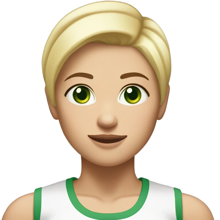 Short white woman with green eyes, short blonde hair with a mole under her bottom lip wearing workout clothes and being strong ￼ emoji