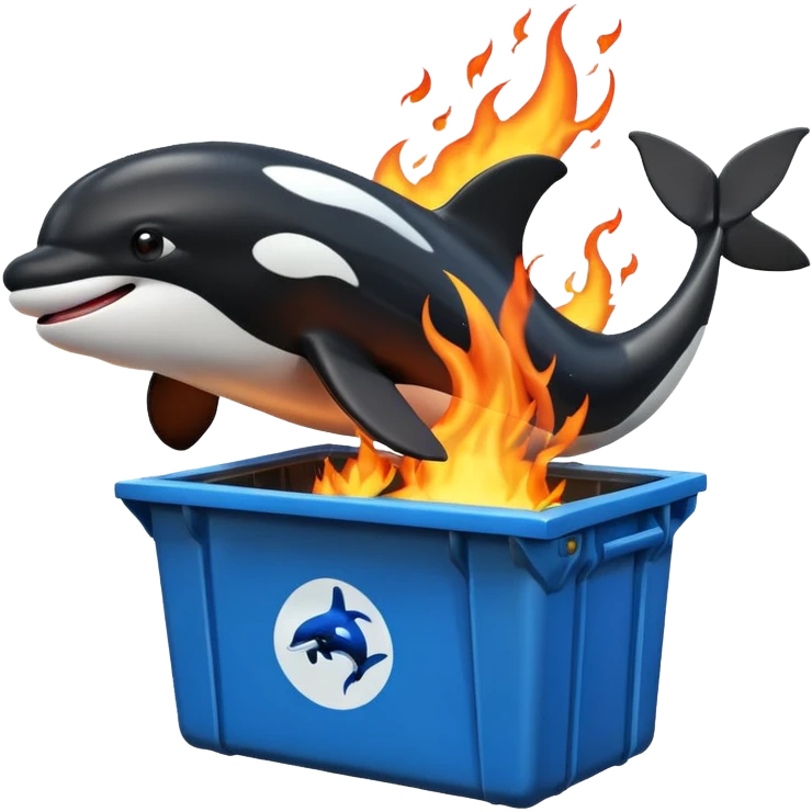 3d Cartoon orca coming out of a dumpster on fire emoji