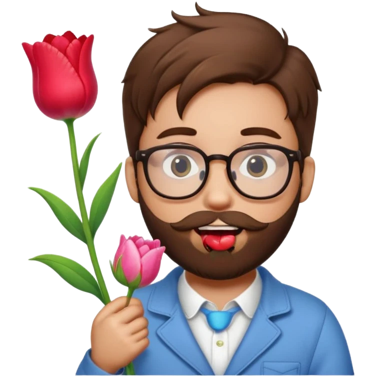 Brown hair guy and a heart shaped eyes with his tongue out with a beard and glasses with a hello kitty and a tulip in his hand   emoji
