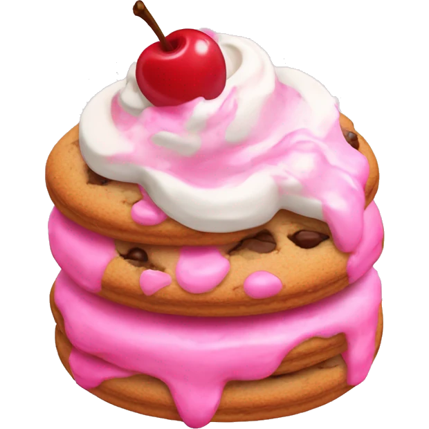 Delicious cookie with pink icing,whipped cream, sprinkles and a cherry on top emoji