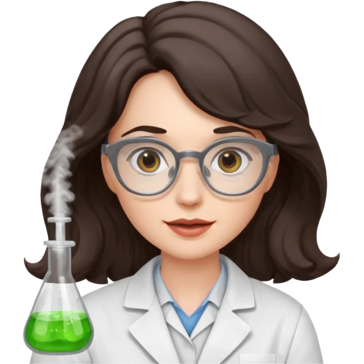 A crazy female scientist, with wavy dark brown hair, brown eyes and grey glasses and pale skin  emoji