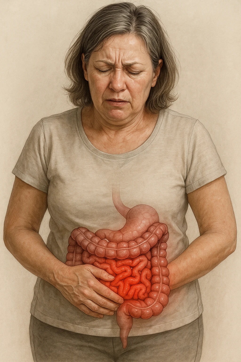 Donna in menopausa con intestino infiammato evidente immagine realistica emoji