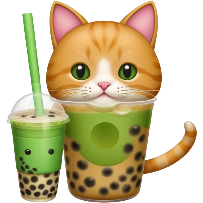 cat drinking bubble tea, apple style emoji, green background emoji
