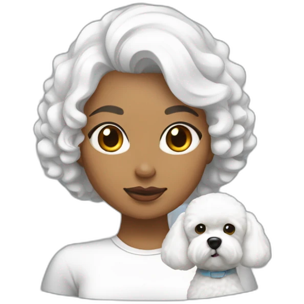 mujer blanca pelo negro con peinado de moño y perro bichon maltés blanco emoji