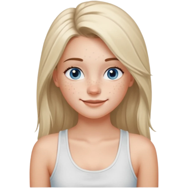 Una chica de tez blanca con pecas, nariz respingada, labios gruesos, ojos grandes color azul grisáceo, pelo largo, lacio, color avellana. Con una blusa de tirantes blanca. Que este sonriendo y q solo se vea de la cintura hacía arriba emoji