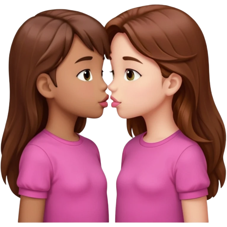 two 5 year old gals about to kiss on the lips, lips extremely close but not touching, pink shirts, long brown hair emoji