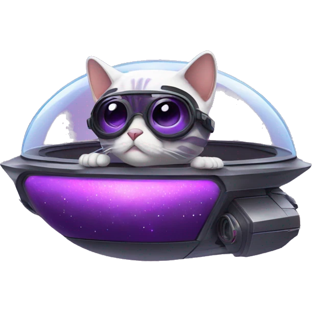 Cute purple hoverpetcat  in a spaceship with cool black glasses on emoji