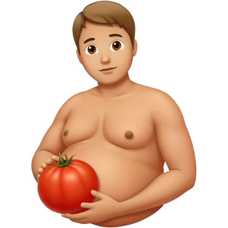 very pregnant man with a round red tomato as his pregnant belly emoji