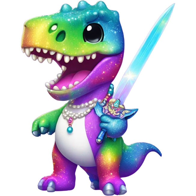Lisa frank glitter rainbow cute dinosaur with sword and pearls emoji