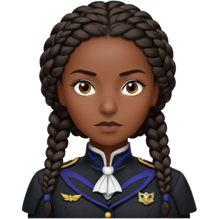 Create a realistic portrait of Bianca Barclay with dark braided hair, Nevermore uniform & confident gaze. emoji