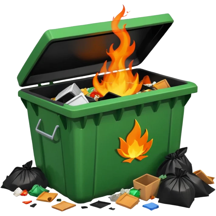 Green dumpster with a black partially open lid. surrounded by pieces of trash on the ground arount it. orange flames are buring lare an bright inside the dumpster. dumpster is smiling emoji