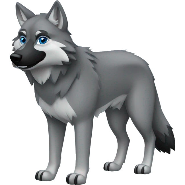 Full-body Grey wolf with black paws, black muzzle, black tail. with blue eyes. full body emoji