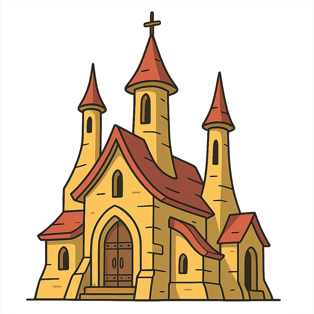 medieval temple, cartoon style, exaggerated shapes, bright colors, tall towers emoji