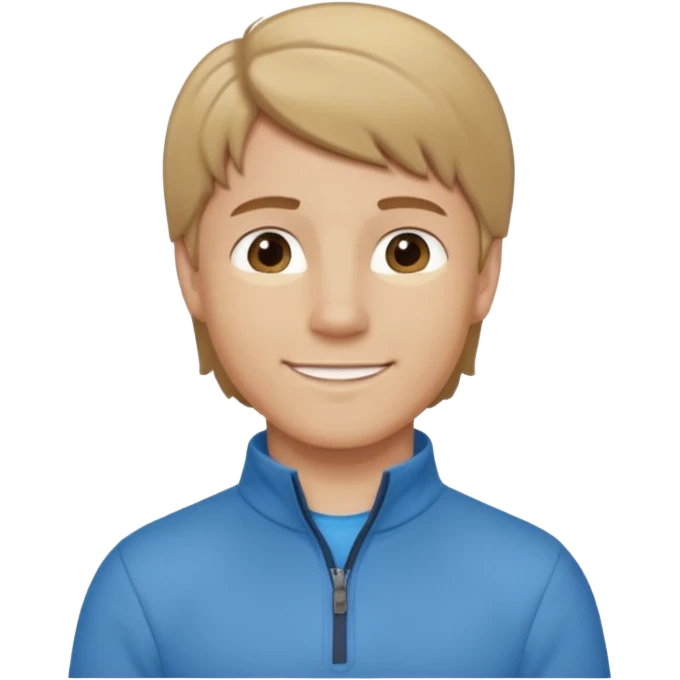 boy with dark blonde hair in a mullet with a neat blue undershirt and brown quarter zip emoji