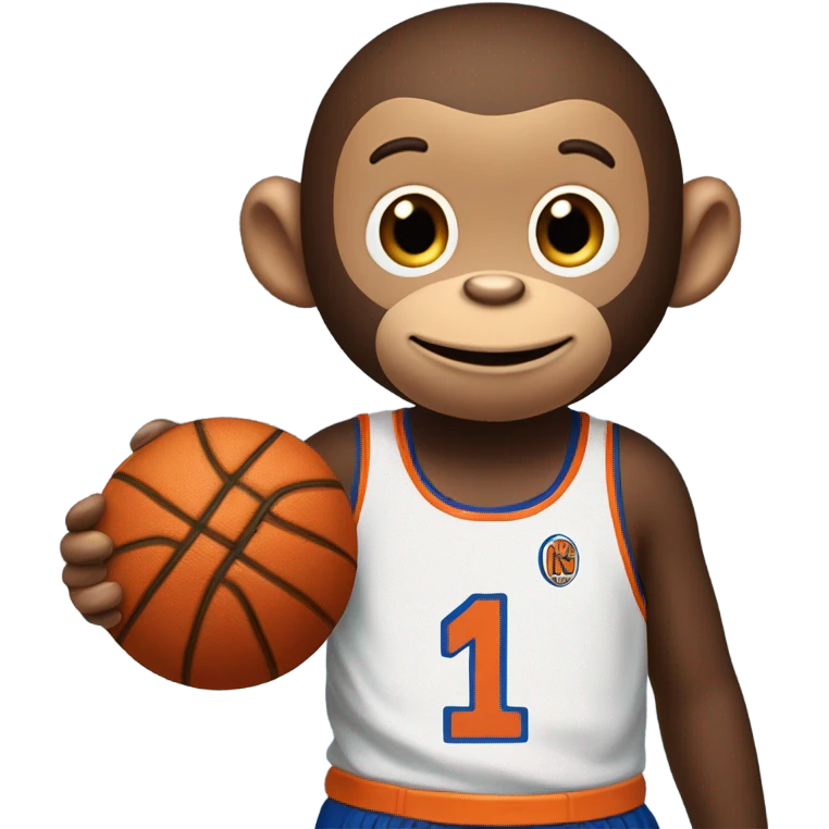 Cute Curious George wearing a knicks jersey number 11, holding a basketball  emoji