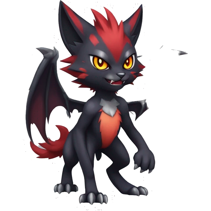   cool edgy beautiful fantasy anime-style dark animal vampiric Litten-Zoroark-cat-hybrid Fakemon with big fangs and bat-ears full body emoji