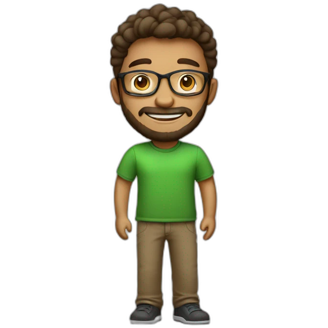 A 25 years old character that started a start-up company. He is joyful, with a small beard, trustworthy, smart, loving, with glasses, wearing a green t-shirt and brown pants. emoji