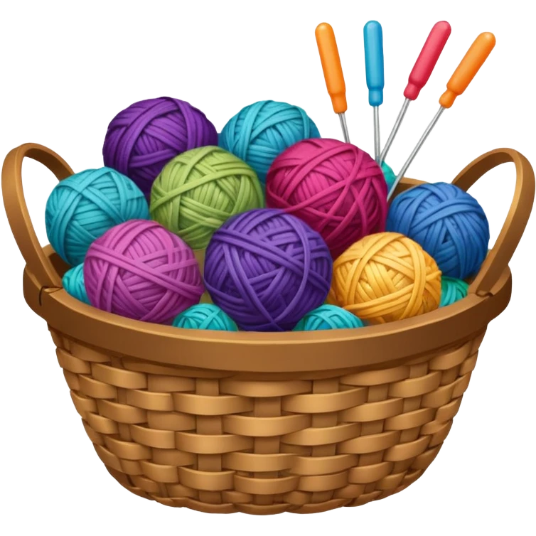 A woven basket filled with colorful yarn balls and knitting needles. emoji