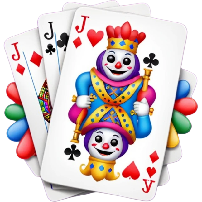 bunch of 3 poker cards, with crazy colorful jolly jokers inside emoji