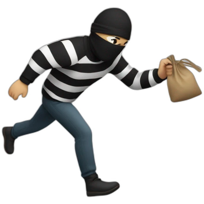 A robber runs away with a bag of money wearing a striped sweater, black pants and a blindfold. emoji