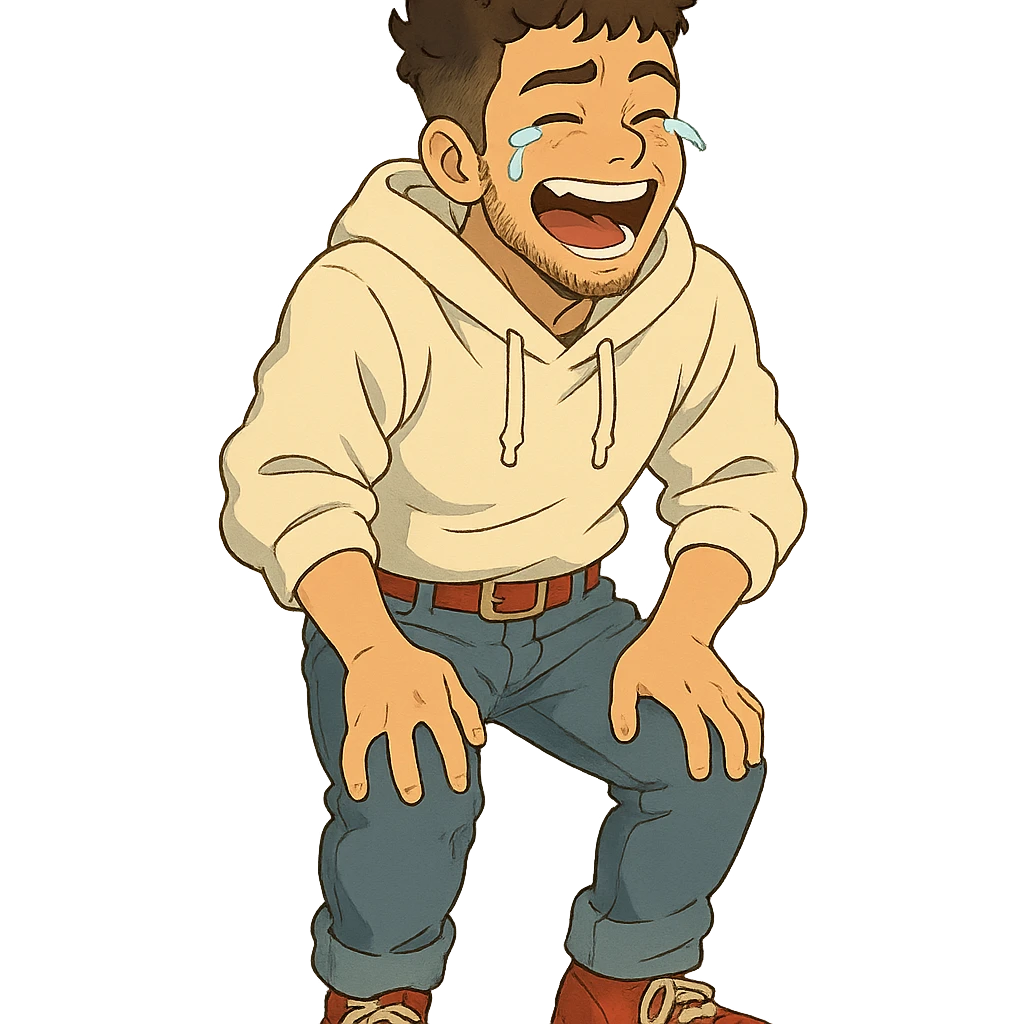 1 male, mid fade haircut dark chestnut brown curly hair, toasted lightskin, white hoodie sleeves up, fashion jeans, red fashion-sneakers shoes, red belt, short trimmed beard and goatee,  style of deku from "my hero academia", laaughing to the point of tears emoji