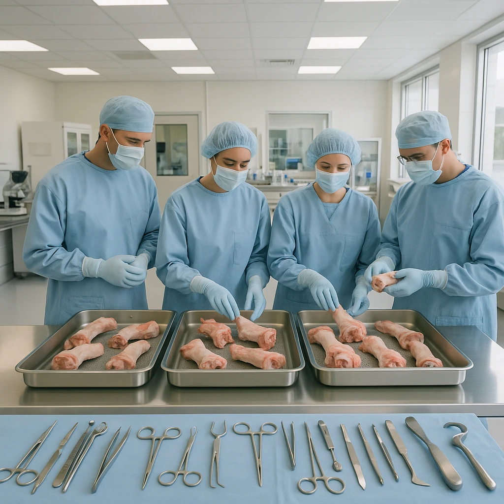medical laboratory with surgeons and researchers observing and selecting pig joints from sterile trays, surgical instruments in the foreground, bright and clean environment, 4K quality emoji