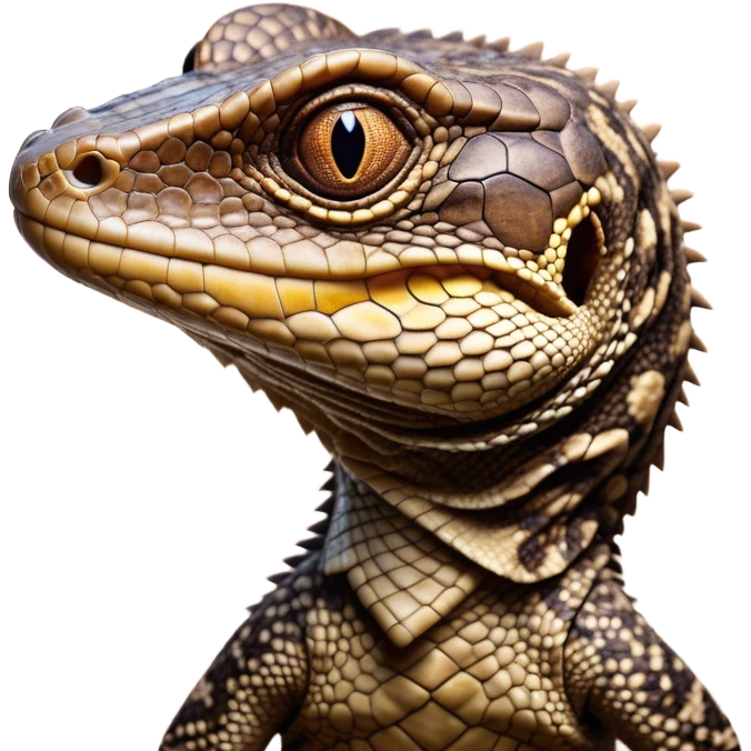 Cinematic Comical brown camo spotted monitor Lizard Portrait Emoji, Head tilted dramatically with an exaggeratedly shocked expression, featuring a robust, patterned body with wide, comically expressive eyes full of humorous disbelief, Simplified yet hilariously expressive features, highly detailed, glowing with a slightly sassy glow, high shine, dramatic yet playful, stylized with an air of quirky reptilian attitude, soft glowing outline, capturing the essence of a meme-worthy brown camo spotted monitor lizard that looks ready to side-eye its way into viral fame! emoji
