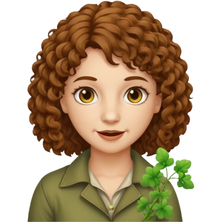 bust woman short curly brown mullet hair brown eyes white skin chewing clover stem, sarcastic grin emoji