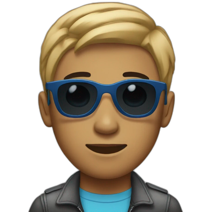 A young man with short hair, a degraded haircut, black eyes, and sunglasses with a blue tint. emoji