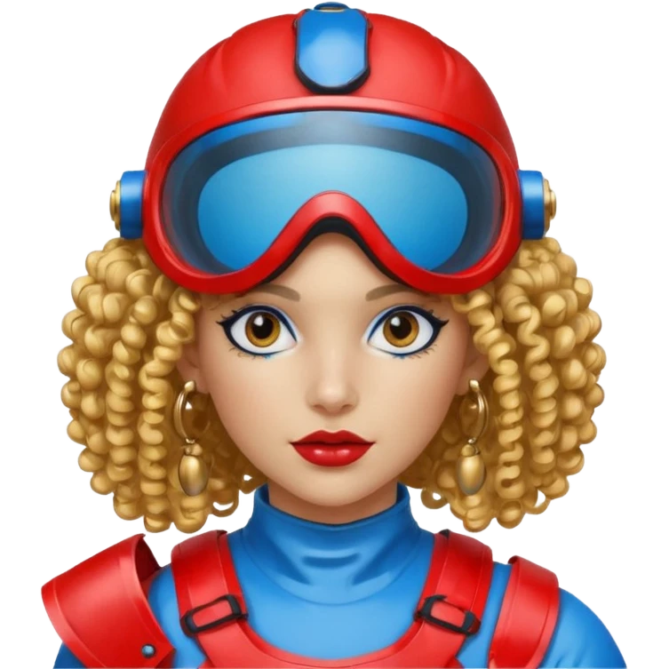 blue curly haired girl with huge earrings, wearing red paintball helmet and eye protection, only face  emoji