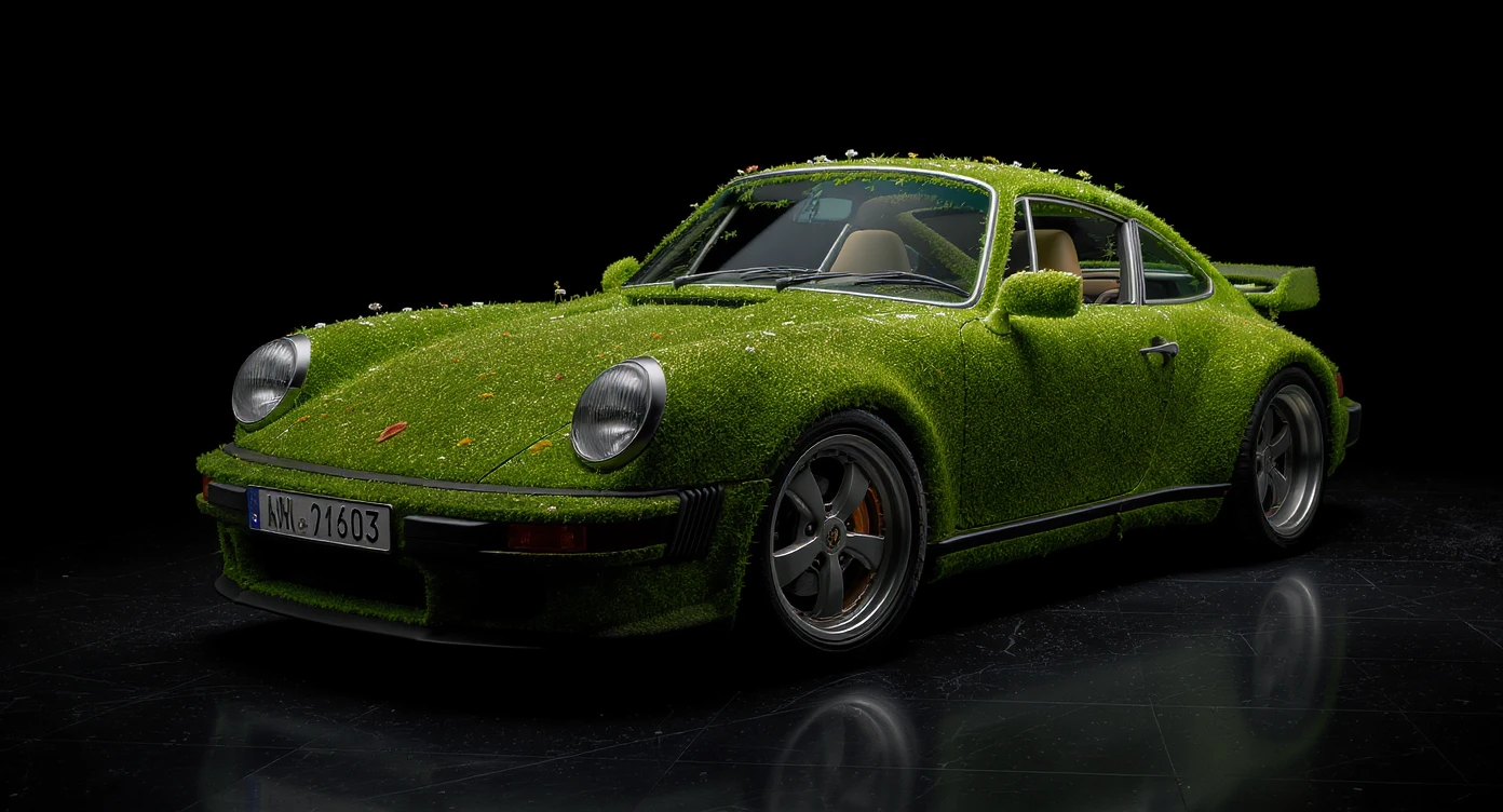 Closeup shot of a porsche 911, body of car made of grass and flowers, black solid studio background, very dark room, top low key light, dutch angle, captured by ARRI 65 emoji