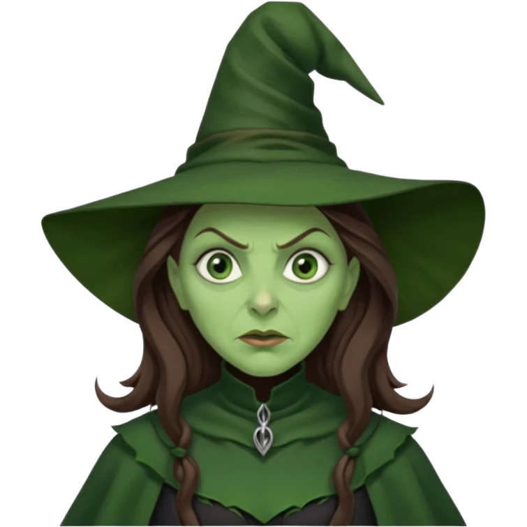 Wicked Witch of the West from the Wizard of Oz with green skin and eyes, brown long hair, dark green outfit emoji