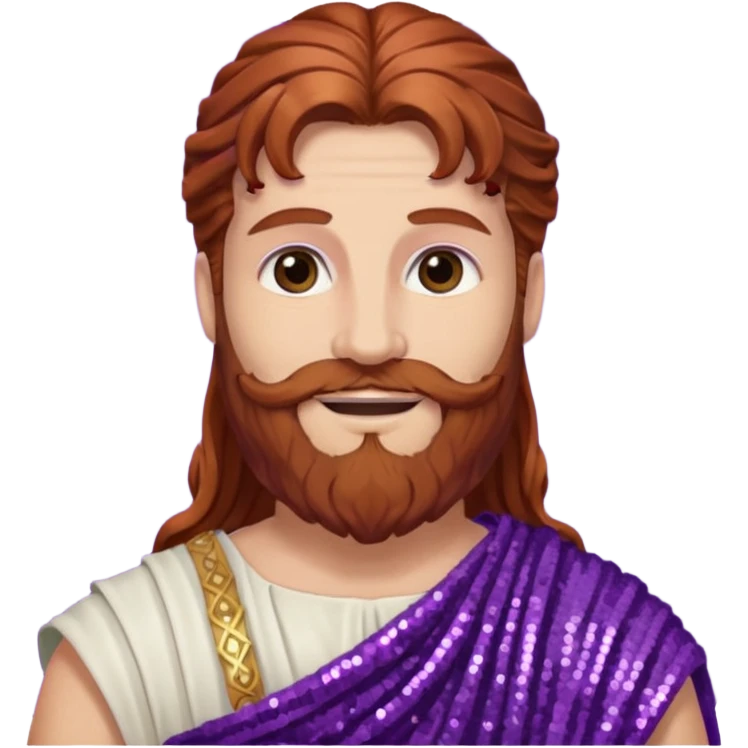 Liber from Roman Deities with long auburn hair and beard, purple sequin toga emoji