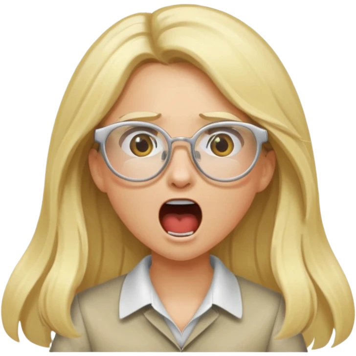 blonde girl with long hair, white glasses, shouting emoji