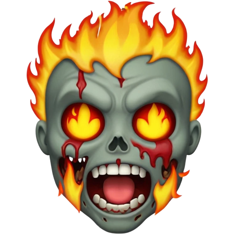 cartoon emoji-style fire zombie, open mouth, flames around head emoji