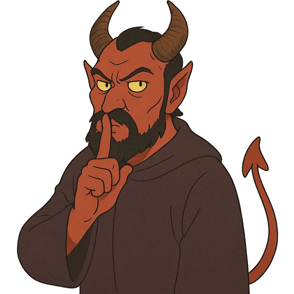 ghibli style devil character making a be quiet gesture, finger to lips emoji