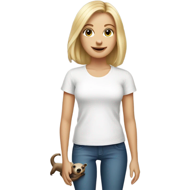 Lady with shoulder length blonde hair and blue eyes in white t-shirt holding a sloth emoji