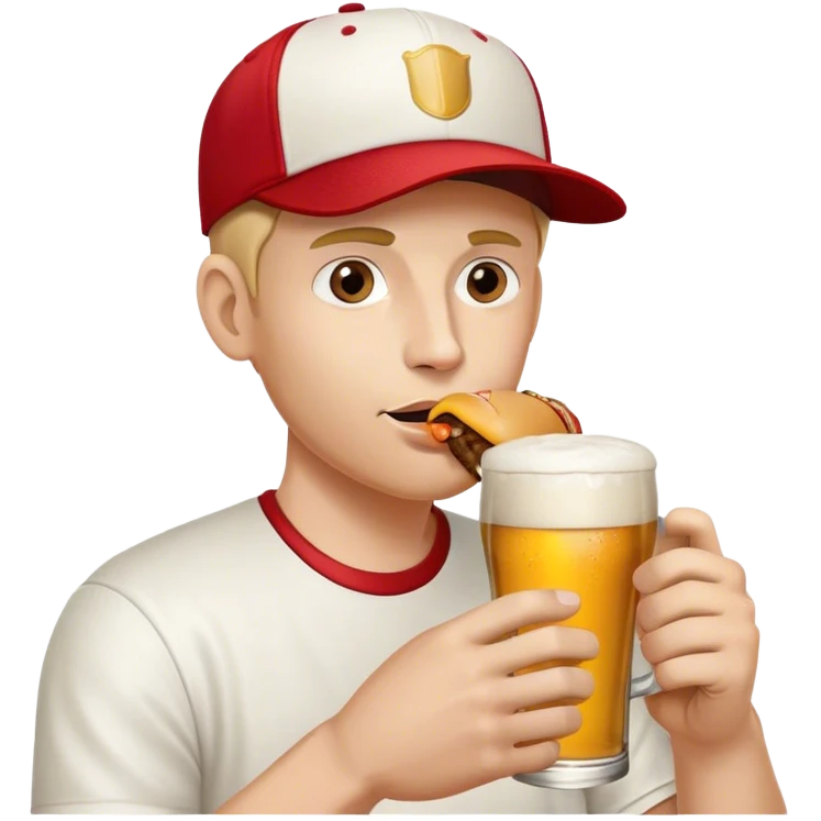 hipster flat bill baseball cap wearing man sipping on a pint of beer holding a half eaten hamburger in the other hand emoji