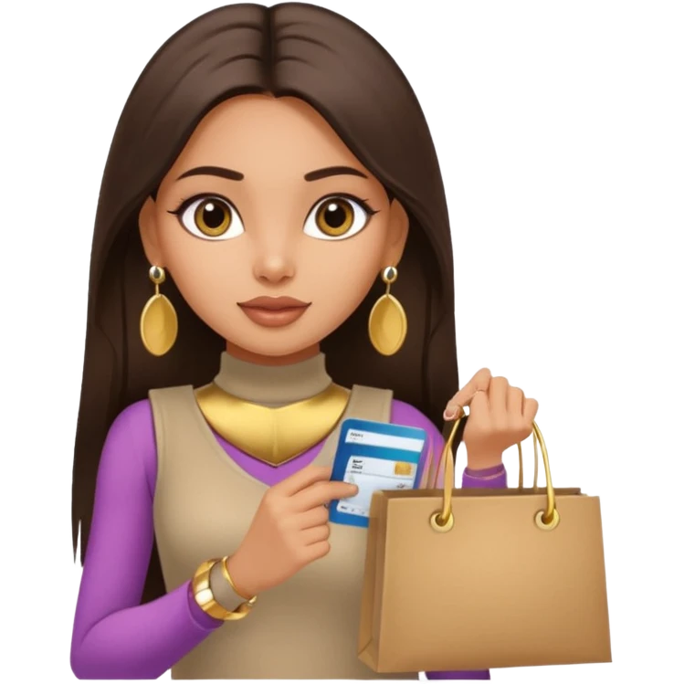 a pretty bratz fair indian girl wearing a beige sleeveless turtleneck, golden earrings, straight ling hair, holding bank cards, dark brown hair, carrying shopping bags emoji